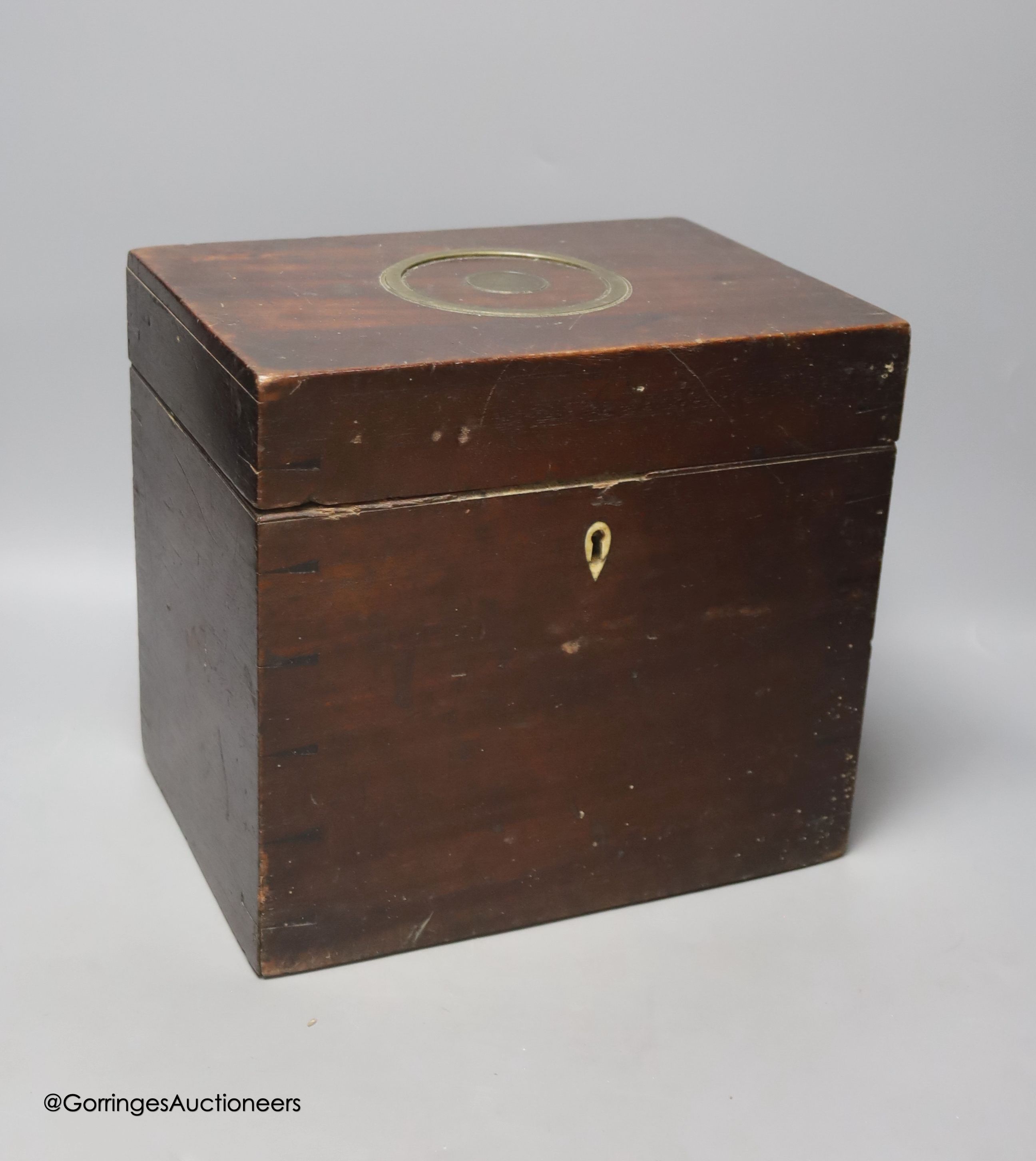 A 19th century mahogany box, labelled for John Manton & Son, Gun Makers to the Royal Family, height 24cm width 27cm